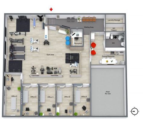 Gym Floor Plan With Offices Gym Floor Plan, Gym Design Plan, Gym Layout Plan, Gym Planning Layout, Fitness Center Design Plan, Physical Therapy Clinic Floor Plan, Gym Plan Architecture, Gym Floor Plan Commercial, Gym And Spa Plan Architecture