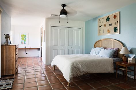 Saltillo Tile Bedroom, Tile Floor Bedroom, Tiles Floor Bedroom, Mexican Saltillo Tile, Types Of Floor Tiles, Bedroom Redecorating, Mexican Tile Floor, Saltillo Tile Floor, Large Floor Tiles