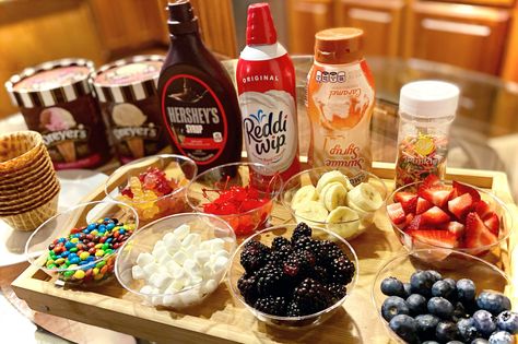 Ice Cream Sundae Date Night, Ice Cream Sundae Charcuterie Board, I E Cream Sundae Bar, Brownie Sundae Bar, Ice Cream Sundae Bar Ideas, Sundae Bar Ideas, Ice Cream Toppings Bar, Slumber Party Foods, Ice Cream Waffle Cone