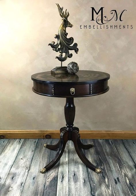 Duncan Phyfe Table, Repurposed Antiques, Stain Furniture, Upcycle Chair, End Table Makeover, Duncan Phyfe, Staining Furniture, Drum Table, Furniture Rehab