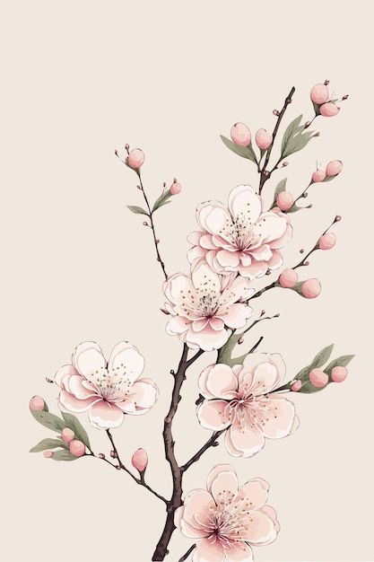 Cherry Blossom Leaves, Cherry Flowers, Sakura Blossom Drawing, Branch With Flowers, Japanese Cherry Blossoms, Flower Drawing Cherry Blossom, Blossom Illustration, Flower Tree Drawing, Blossom Tree Drawing