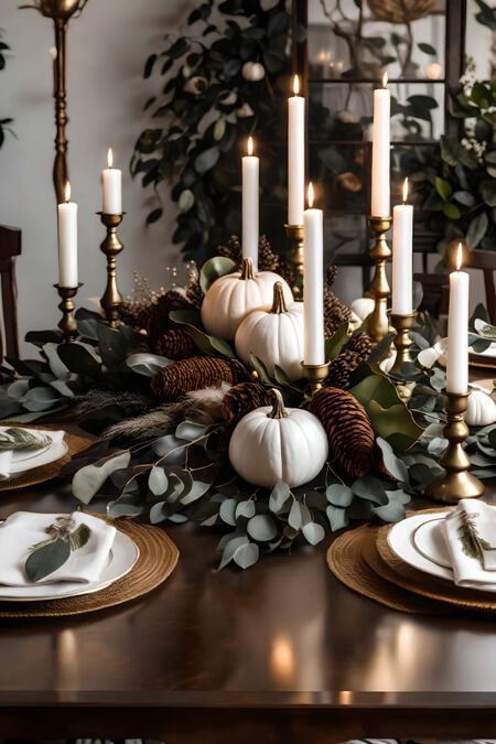 Chic Fall Tablescape, Taper Candle Centerpiece Dining Room, Thanksgiving Coffee Table Decorations, Gold And White Thanksgiving Table, 2024 Thanksgiving Decor, Mid Century Modern Thanksgiving Table, Dining Table Decor Thanksgiving, Thanksgiving Table Settings Square Table, Fall Thanksgiving Table Decor