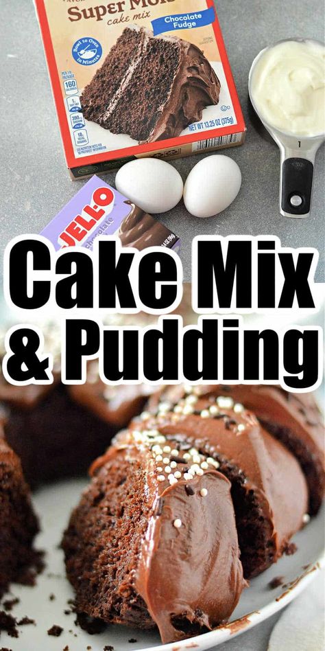 Easy cake mix with pudding and sour cream recipe makes boxed taste like it's from a bakery! Use chocolate or any Duncan Hines bundt cake flavor. Box Cake Pudding Recipe, Chocolate Cake Using Box Cake And Pudding, Box Mix Bundt Cake Recipes, Pudding Mix Cake Recipes, Box Cake Taste Like Bakery Pudding, Choc Pudding Cake Recipe, Chocolate Cake With Cake Mix Boxes, Chocolate Cake Pudding Recipe, Box Cakes Taste Like Bakery