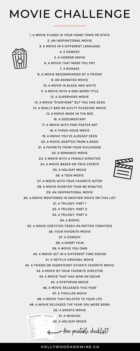 Gaming PinWire: 2018 Movie Challenge ( a free printable checklist | Movies | Pinterest ... 3 mins ago - 2018 is gonna be a GREAT year for movies! ... 2018 Movie Challenge ( a free printable checklist!) ... FREE INSTAGRAM STORY GAMES & TEMPLATES.  Source:www.pinterest.com Results By RobinsPost Via Google Movie Challenge, Couples Disney, Movie Pins, Movie To Watch List, Inspirational Movies, Black And White Movie, 2018 Movies, Printable Checklist, Movie Marathon