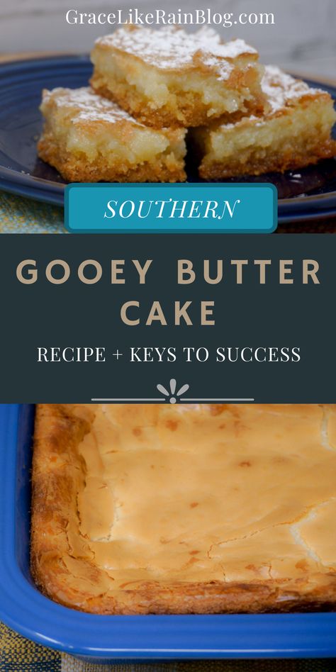 Gooey Butter Cake is a super easy two-layer bar dessert. It is so buttery and delicious with that flaky top and that ooey-gooey filling. This dessert is perfect for your next potluck! Gooey Butter Cake from a cake mix is an easy bar dessert that will knock your socks off. | Ooey Gooey Butter Cake | Butter Bars | Butter Cake Recipe | Paula Deen Butter Cake | Easy Brownies and Bars Recipes | Potluck Recipes Manly Food, Paula Deen Butter Cake, Recipes Potluck, Gooey Butter Cake Recipe, Quick Sweets, Butter Cake Bars, Ooey Gooey Cake, Easy Brownies, Ooey Gooey Butter Cake