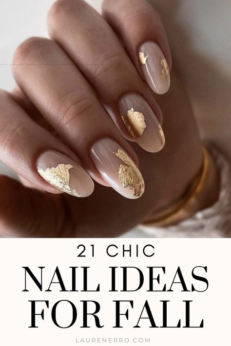 It’s time to grab your sweaters and boots and turn your manicure into a colorful work of art! These Chic Fall Nail Ideas are the perfect way to cozy up with your pumpkin spice latte and a book. So get some classy and beautiful nail inspiration for your next manicure with these fall nail ideas! Almond Nails Ideas Minimalist, Fall Nails Burgundy Design, Gold Fall Nails Acrylic, Chic Oval Nails, Fall Winter Transition Nails, Fall Nails Professional, Fall Round Nail Designs, Neutral Brown Nail Designs, Gold Flake Nail Designs