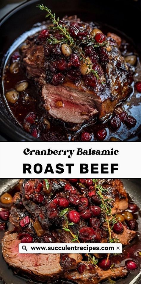 Give your holiday roast a delightful upgrade with this Cranberry Balsamic Roast Beef. The savory richness of the beef is beautifully complemented by a tangy-sweet cranberry balsamic glaze, creating a holiday dish that's sure to impress. Roast Beef Sunday Dinner, Crockpot Christmas Roast Beef, Angus Beef Roast Recipes Oven, Beef Bolar Roast, Balsamic Pot Roast Slow Cooker, Unique Beef Roast Recipes, Roast With Cranberry Sauce, Mushroom Roast Crockpot, Cranberry Balsamic Roast Beef Crockpot