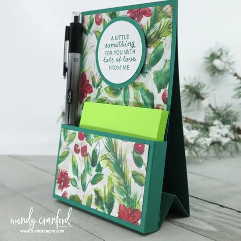 DIY Post It Note and Pen Holder | Luvin Stampin Rachel Tessman, Pen Holder Diy, Post It Note Holder, Post It Holder, Christmas Treats Holders, Note Pad Holder, Post It Note Holders, Calendar Craft, Cardboard Crafts Diy