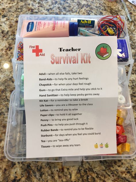 Teacher Survival Kit | Healthy Creative Home Teacher Survival Kit, Teacher Appreciation Themes, Diy Teacher Christmas Gifts, Survival Kit Gifts, School Survival Kits, Appreciation Gifts Diy, Staff Appreciation Gifts, Teacher Gift Baskets, Survival Kit For Teachers