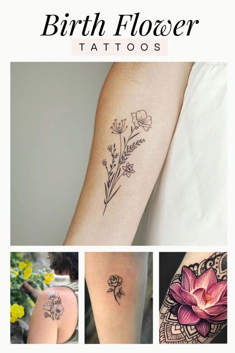 Birth Flower Tattoos – A Beautiful Flower for Each Month – One that Signifies Your Personality Flower Of Month Tattoo, Two Birth Month Flower Tattoos, December Birth Flowers Tattoo, Watercolor Birth Month Flower Tattoo, December And June Flower Tattoo, Birth Flower Line Tattoo, May Birth Flower Tattoo Color, Flower Of The Month Tattoo, October And March Flower Tattoo