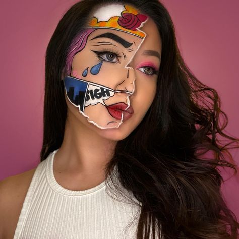 Halloween Makeup Comic Pop Art, Pop Art Face Painting, Comic Art Makeup, Pop Comic Makeup, Halloween Pop Art Makeup, Pop Art Makeup Looks, Pop Art Body Painting, Pop Art Face Makeup, Comic Makeup Pop Art