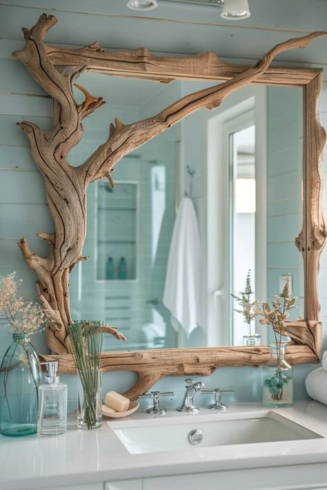 29 coastal theme bathroom decor Ideas Decorate Around A Mirror, Coastal Theme Bathroom, Coastal Bathroom Design, Ocean Bathroom, Theme Bathroom, Driftwood Mirror, Coastal Bathroom, Beach House Interior Design, Coastal Theme