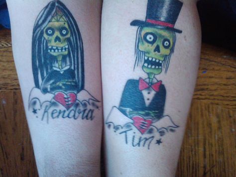 ... I got my very first tattoo. The wife and I both got his and her tats of a zombie bride and groom. Mine is on the left side of the pic below. Zombie Bride And Groom, Zombie Tattoo, Marriage Tattoos, Zombie Tattoos, Zombie Bride, Brides With Tattoos, Matching Couple Tattoos, Wedding Tattoos, Matching Couple