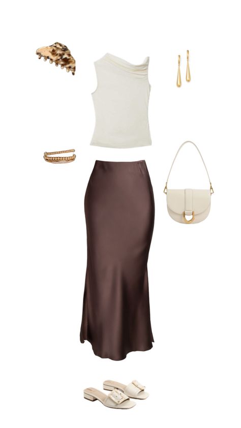 Classy silk skirt outfit Silk Skirt Outfit Summer, Silk Maxi Skirt Outfit, Satin Skirt Outfit Classy, Chic Skirt Outfits, Brown Skirt Outfit, Silk Skirt Outfit, Skirt Outfit Fall, Satin Skirt Outfit, Brown Maxi Skirts