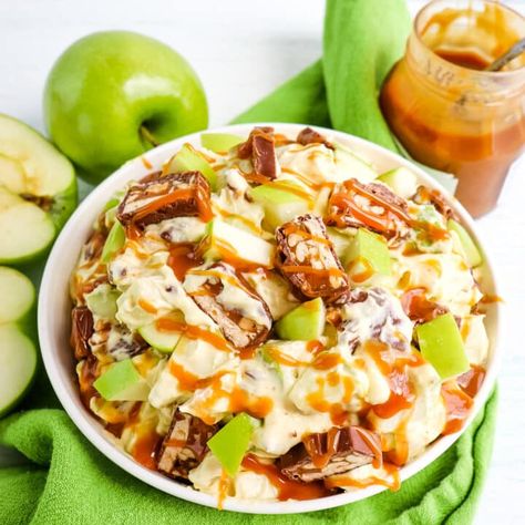 Snickers Apple Salad - Delightful E Made Apple Salad With Snickers, Apple Snicker Salad Recipe, Snicker Salad Recipe, Homemade Cool Whip, Apple Salad Recipe, Snicker Apple Salad, Snickers Salad, Cold Salad Recipes, Apple Salad Recipes