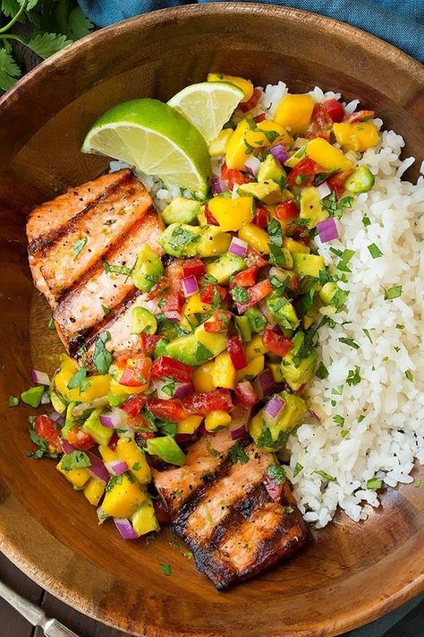 Grilled Salmon with Mango Salsa & Coconut Rice - Cooking Classy Salmon With Mango Salsa, Salmon With Mango, Mango Salsa Salmon, Mango Avocado Salsa, Lime Salmon, Salmon Avocado, Coconut Rice, Cooking Classy, Mango Salsa