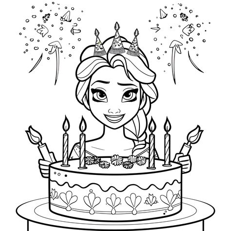 Elsa celebrating her birthday with a cake (free printable PDF black-and-white line drawing coloring page suitable for all, from beginners to advanced learners, including children, teens, adults, and seniors) Frozen Coloring Pages Free Printables, Elsa Drawing, Elsa Coloring, Elsa Coloring Pages, Disney Stained Glass, Frozen Coloring Pages, Thanksgiving Color, Summer Coloring Pages, Coloring Pages Free Printable