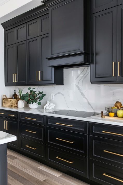 Black kitchen cabinets create a dramatic and elegant ambiance. Get inspired here. Black Cabinets With White Marble Countertops, Black Dark Wood Kitchen, Black Kitchen Cabinet Color Ideas, Black Kitchen Cabinets White Backsplash, Kitchen With Black And Wood Cabinets, Satin Black Kitchen Cabinets, Gold Hardware Black Cabinets, Simple Black Kitchen Cabinets, Black Kitchen Cabinets Marble Countertop