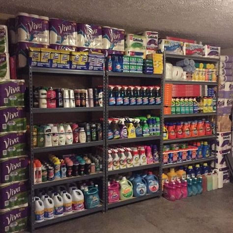 Small Hallway Organization Ideas, Large Pantry Storage Ideas, Food Storage Rooms Basements, Back Stock Storage, Couponing Storage, Coupon Stockpile Storage, Backstock Storage, Stockpile Room, Backstock Organization