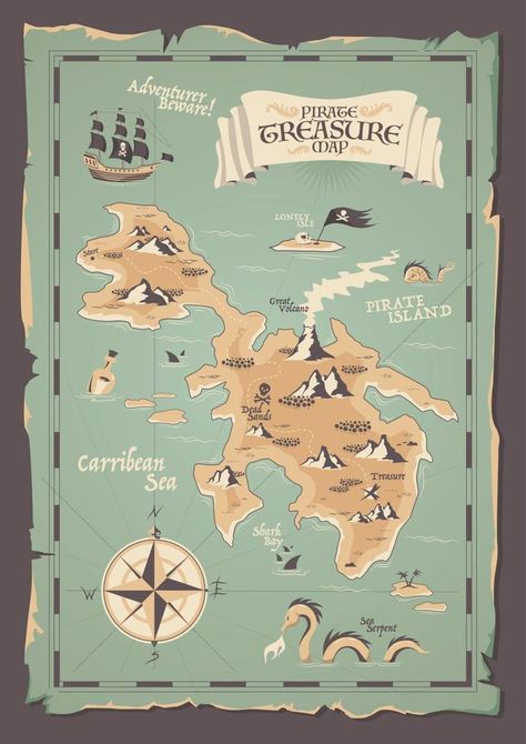 Treasure Hunt Map, Maps Illustration Design, Pirate Banner, Pirate Illustration, Pirate Map, Grunge Illustration, Pirate Treasure Maps, Pirate Island, Ship Map