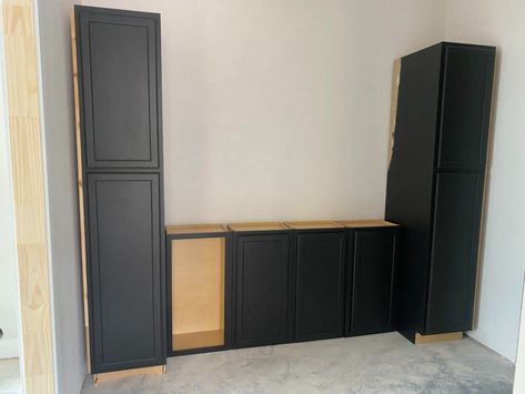 Cabinets For Mudroom, How To Paint Stock Cabinets, Built In Mudroom Lockers, Stock Cabinet Mudroom, Built In Lockers Mud Rooms, Diy Built In Buffet, Diy Lockers, Black Mudroom, Mudroom Storage Lockers