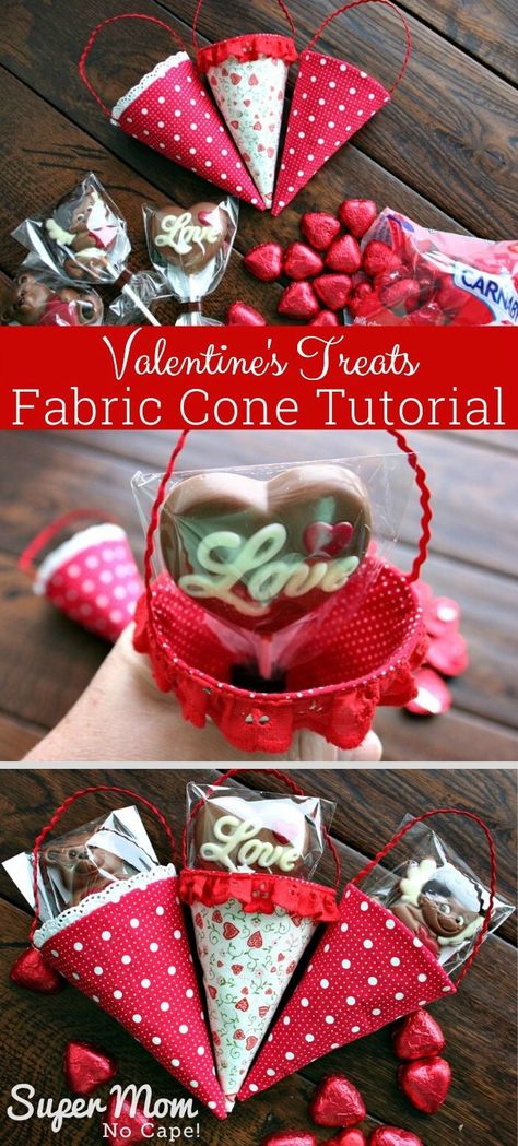 Make up a bunch of these cute fabric cones to give sweet treats to all your family and friends for Valentine's Day this year. They're super easy to make following this step-by-step sewing tutorial with lots of photos. It's a great sewing project to use up scraps of fabric and bits of lace. #sewing #sewingtutorial #sewingproject Valentines Sewing, Office Valentines, Friendship Valentines, Love Presents, Treat Cones, Target Valentines, Boy Valentines, Girl Valentines, Lace Sewing