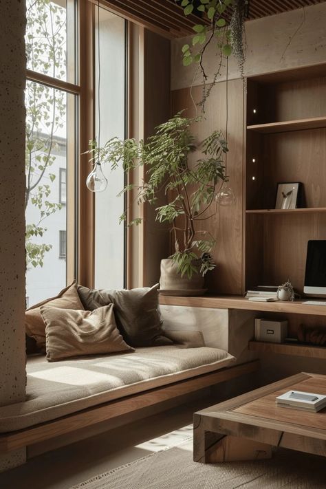 Luxury Biophilic Interior, Interior Design Industrial Minimalist, Biophilic Interior Design Living Room, Architecture Home Office, Zen Home Interior, Japandi Condo, Cozy Study Room, Japandi Industrial, Home Office For 2