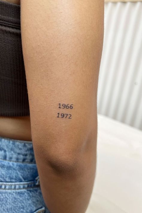 Sister Birth Year Tattoos, Birth Year Tattoo Arm, Small Years Tattoo, Dainty Birth Year Tattoo, Small Year Tattoos, Parents Birth Years Tattoo, Birthyear Tattoo On Arm, Parents Year Tattoo, 1983 Tattoo Ideas