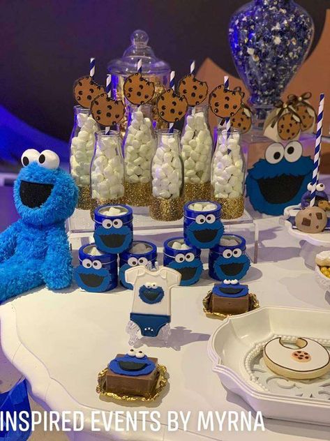 Baby Shower Cookie Monster Theme, Cookie Monster Theme Party 1st Birthdays, Cookie Monster Baby Shower Treats, Cookie Monster Treat Table, Cookie Monster Birthday Party Decorations, Cookie Monster Birthday Decorations, Cookie Monster Food Ideas, Cookie Monster Dessert Table, Cookie Monster Theme Baby Shower Ideas