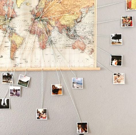 World Map With Photos Wall Art, World Map Photo Wall, World Map Pictures Wall, Travel Map Diy Pin Boards, Map On Wall, Map Bedroom, Art Diy Ideas, Travel Photo Wall, World Map With Pins