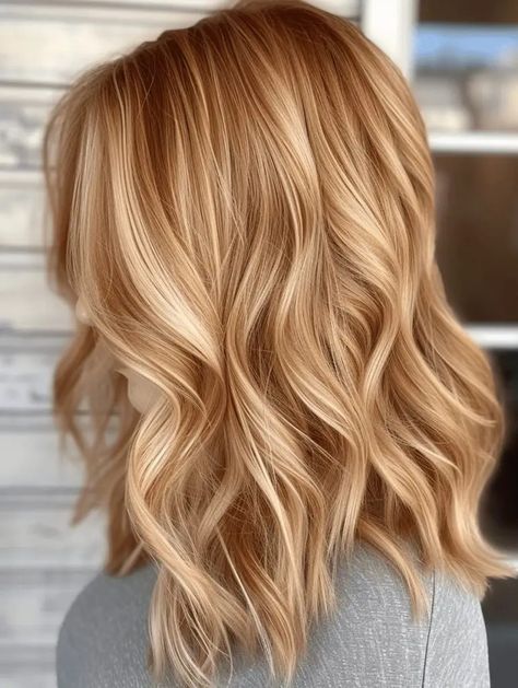 Honey Wheat Hair Color, Medium Hair With Lots Of Layers, Medium Strawberry Blonde Hair, Spring Red Hair Color, Cherry Blonde, Red And Blonde, Light Strawberry Blonde, Copper Blonde Hair, Strawberry Blonde Highlights