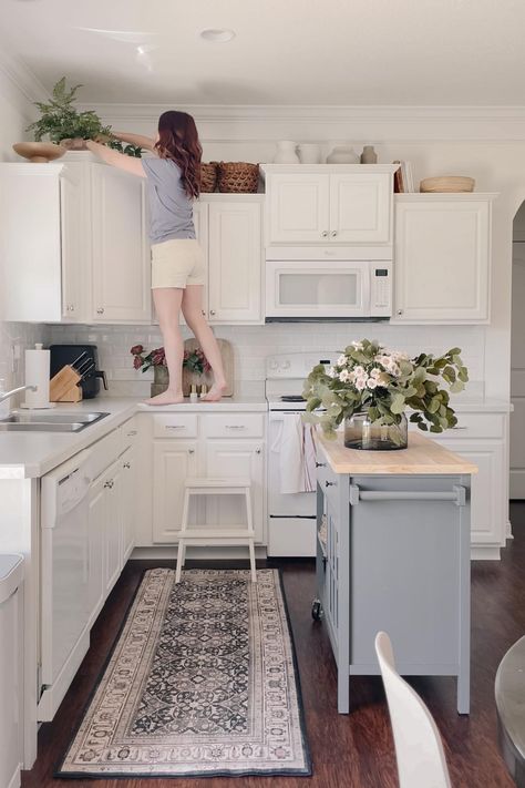 Baskets On Top Of Kitchen Cabinets, Baskets Above Kitchen Cabinets, Above Cabinet Decor Kitchen, Character Kitchen, How To Decorate Above Kitchen Cabinets, Top Of Cabinet Decor, Decor Above Kitchen Cabinets, Above Cabinet Decor, Space Above Kitchen Cabinets