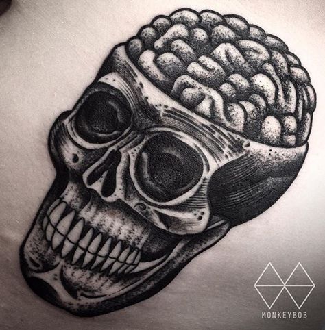 Brain skull black tattoo Brain Anatomy Tattoo, Skull Brain Tattoo, Left Brain Right Brain Tattoo, Brain Tumour Tattoo Ideas, Skull And Brain, Brain Tattoo, Tattoos And Meanings, Facial Tattoos, Black Tattoo