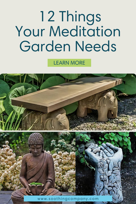 A serene and lush meditation garden featuring a soothing fountain, elegant statues, vibrant planters, and comfortable benches. Discover the essentials to create your dream zen retreat with Soothing Company's comprehensive guide. Find tranquility and design your perfect garden oasis today with our expert tips and must-have items. Yoga Garden Ideas, Indian Garden Ideas Outdoor Spaces, Zen Garden Design Meditation Space, Zen Garden Ideas Backyard, Zen Patio Ideas, Meditation Shed, Meditation Garden Ideas, Garden Bench Ideas, Rock Wall Gardens