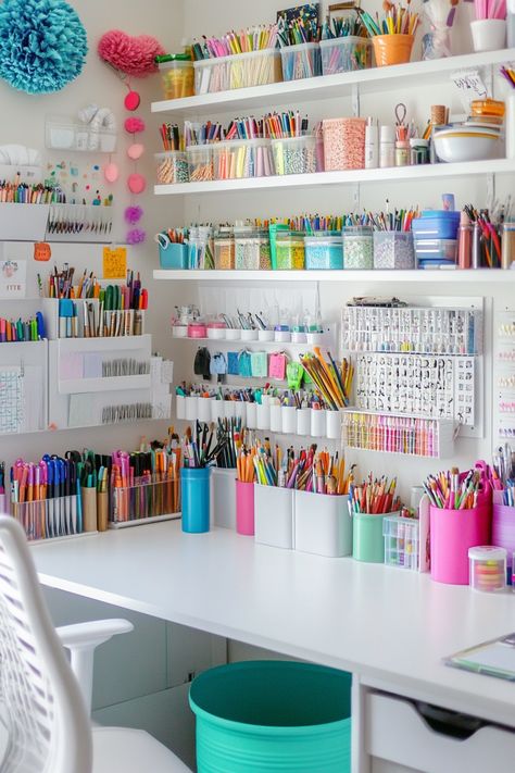 Small Craft Workspace Ideas, Wall Shelves For Art Supplies, How To Make Storage Space, Art Storage Shelves, Organizing Crafting Supplies, Storage For Arts And Crafts, Spare Room Craft Room Combo, Craft Shelves Organizing, Arts And Crafts Space