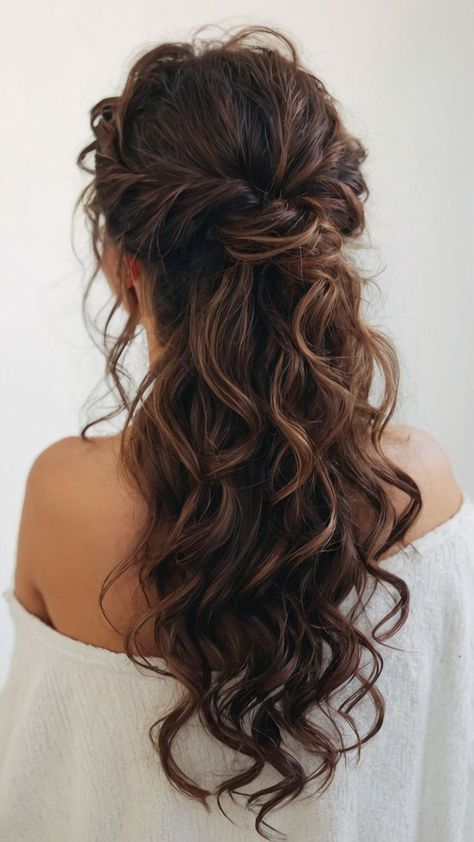 cute work hairstyles easy updo curly hair Curly Braided Half Up Half Down, Half Curly Updo, Wedding Updo For Curly Hair, Curly Hair Styles Half Up, Fall Wedding Hairstyles Bridesmaid, Formal Hairstyles Curly Hair, Half Updo Curly Hair, Curly Hair Styles For Wedding, Long Curly Hairstyles For Wedding