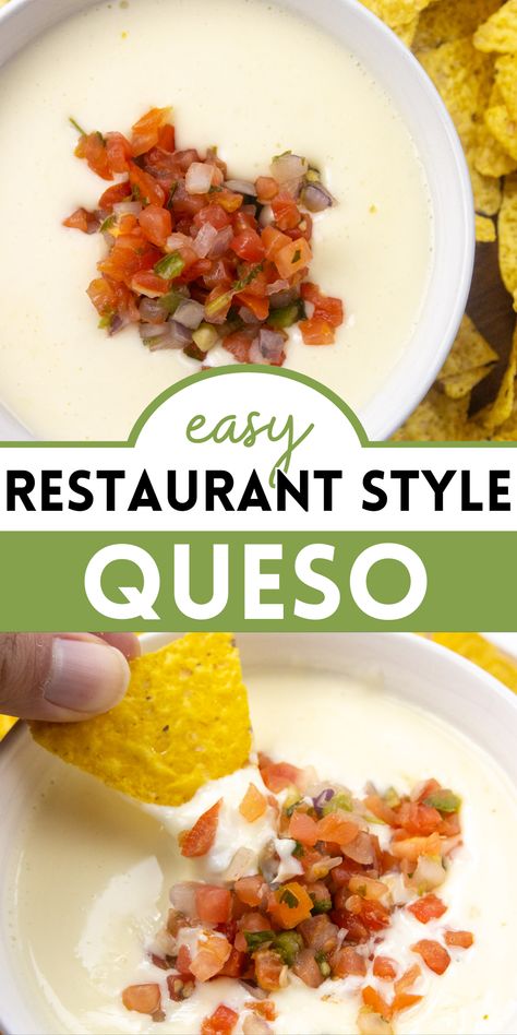 This Restaurant Style Queso Dip is my favorite! This queso blanco recipe only takes 15 minutes to make. Heat milk on the stove top, then mix in American white cheese, and seasoning to make this easy white cheese queso dip. Leftovers warm up so easily in the microwave. Restaurant Style Queso Blanco, Homade Queso, Quick And Easy Queso Dip, Home Made Cheese Dip, How To Make White Queso Dip, Mild Queso Dip, Diy Cheese Dip, Homemade Mexican Cheese Dip, Easy White Cheese Queso Dip