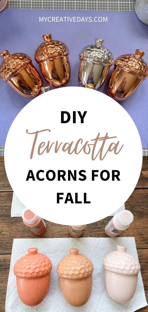 These DIY terracotta acorns were very easy to make with two paint products and ceramic acorns from the dollar store. They're a super easy and cute DIY fall dollar store decor idea! fall projects and crafts