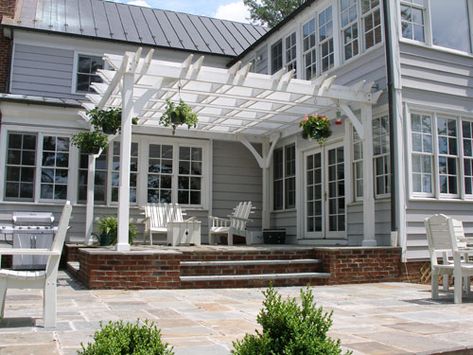 Beautiful!!! Patio With Pergola, White Pergola, Small Pergola, Raised Patio, Patio Pavers Design, Bluestone Patio, Building A Porch, Pergola Lighting, Wooden Pergola