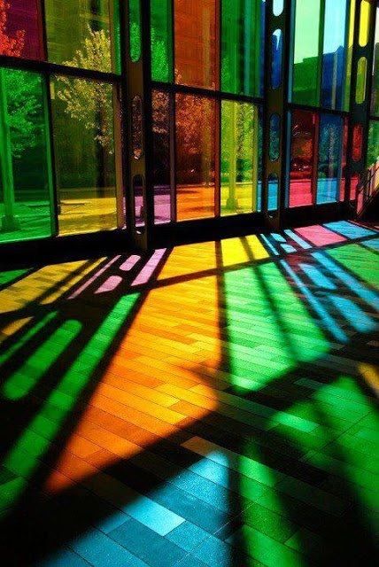 Colored glass windows effect reflection light sunlight daylight rays interior design Modern Window Film, Flat Marbles, Decorative Window Film, زجاج ملون, Charcoal Drawings, Tiffany Glass, Piet Mondrian, Window Film, Stained Glass Art