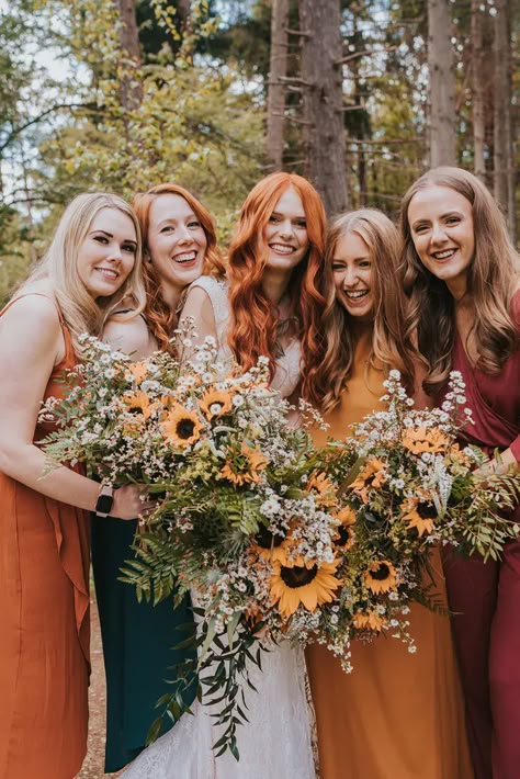 Bright Bridesmaids, Fall Sunflower Weddings, Wedding Flowers Sunflowers, Sunflower Wedding Bouquet, Sunflower Themed Wedding, Daisy Wedding, Grace Elizabeth, Mismatched Bridesmaids, Mismatched Bridesmaid Dresses