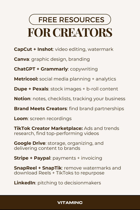 FREE Apps + Resources for Content Creators, brown tredny aesthetic, list of platfroms that are free for UGC creators Content Creation Process, Content Creator For Beginners, Content Creator Business Plan, Content Creation Planning, Content Creator Organization, Content Creator Ideas For Beginners, Content Creator Apps, Beginner Content Creator Tips, How To Become Content Creator