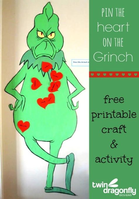 Pin the Heart on the Grinch Activity with free Printable Preschool Christmas Games, Christmas Party Ideas For Teens, Grinch Crafts, Christmas Party Activities, School Christmas Party, Grinch Christmas Party, Adult Christmas Party, Whoville Christmas, Fun Christmas Party Games