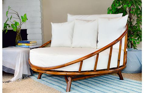 Rattana Daybed, Brown/White | One Kings Lane Bamboo Daybed, Rattan Daybed, Round Patio, Patio Daybed, Outdoor Sofas, Bamboo Furniture, White Throw Pillows, White Cushions, Patio Sofa