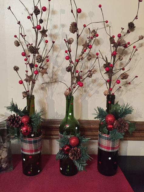 Christmas Wine Decorations, Decorated Wine Bottles For Christmas, Ribbon On Wine Bottle, Diy Wine Bottle Christmas Decor, Wine Bottle Centerpieces For Christmas, Wine Bottle Christmas Centerpieces, Decorating Wine Bottles For Christmas, Decorated Wine Bottles Christmas, Diy Christmas Wine Bottles