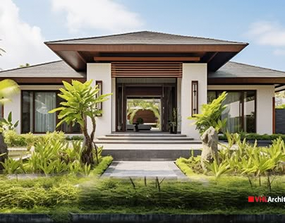 Bali Villa Exterior Architecture, Modern Tropical House Exterior, Modern Bungalow House Design, Home Designs Exterior, Modern Tropical House, Tropical House Design, Farmhouse Architecture, Bungalow Exterior, Sketchbook Pro