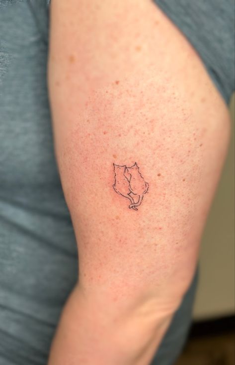 Cat Tattoo Two Cats, Cat Looking Up Tattoo, Small Dainty Cat Tattoos, Tattoos For My Cat, Cat Micro Tattoo, Cute Simple Cat Tattoos, Cat Themed Tattoo, Pretty Fine Line Tattoo, Cat And Kitten Tattoo