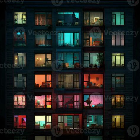 Bright colors apartment window lights at night. High-resolution. AI Generative Apartment Window, Window Lights, Window Shadow, Night Window, Window Photography, Lights At Night, Artsy Photography, Night High, Window Light