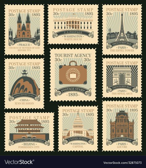 Vintage Travel Stamp, Postcard Stamps Vintage, Aesthetic Travel Stickers, Vintage Stamp Illustration, Old Stamps Vintage, Post Stamp Design, Vintage Travel Aesthetic, Aesthetic Stamps, Stamps Aesthetic