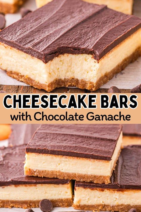 This easy Cheesecake Bars recipe features a crunchy vanilla wafer crust that bakes below a creamy cheesecake filling and is covered with a rich, dark chocolate ganache. Deliciously sweet and satisfying, these dessert bars are the perfect treat to take to parties and potlucks. #cheesecake #cheesecakebars #easydessert Cheesecake Squares Recipes Easy, Chocolate Cheesecake Bars 9x13, Cheesecake Bars Recipes, Cheesecake Bars Recipes Easy, Chocolate Ganache Cheesecake, Quick Cheesecake, Chocolate Cheesecake Bars, Cheesecake Bars Easy, Chocolate Chip Cheesecake Bars